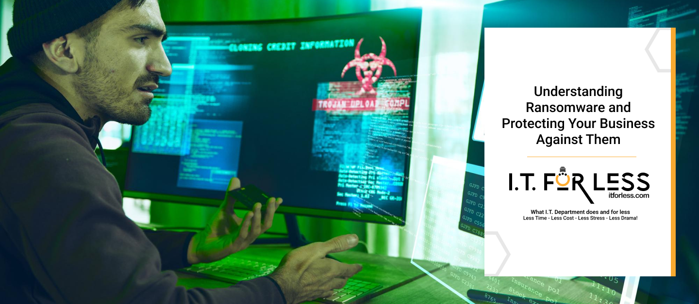 Graphic showing encrypted files and a ransom demand note